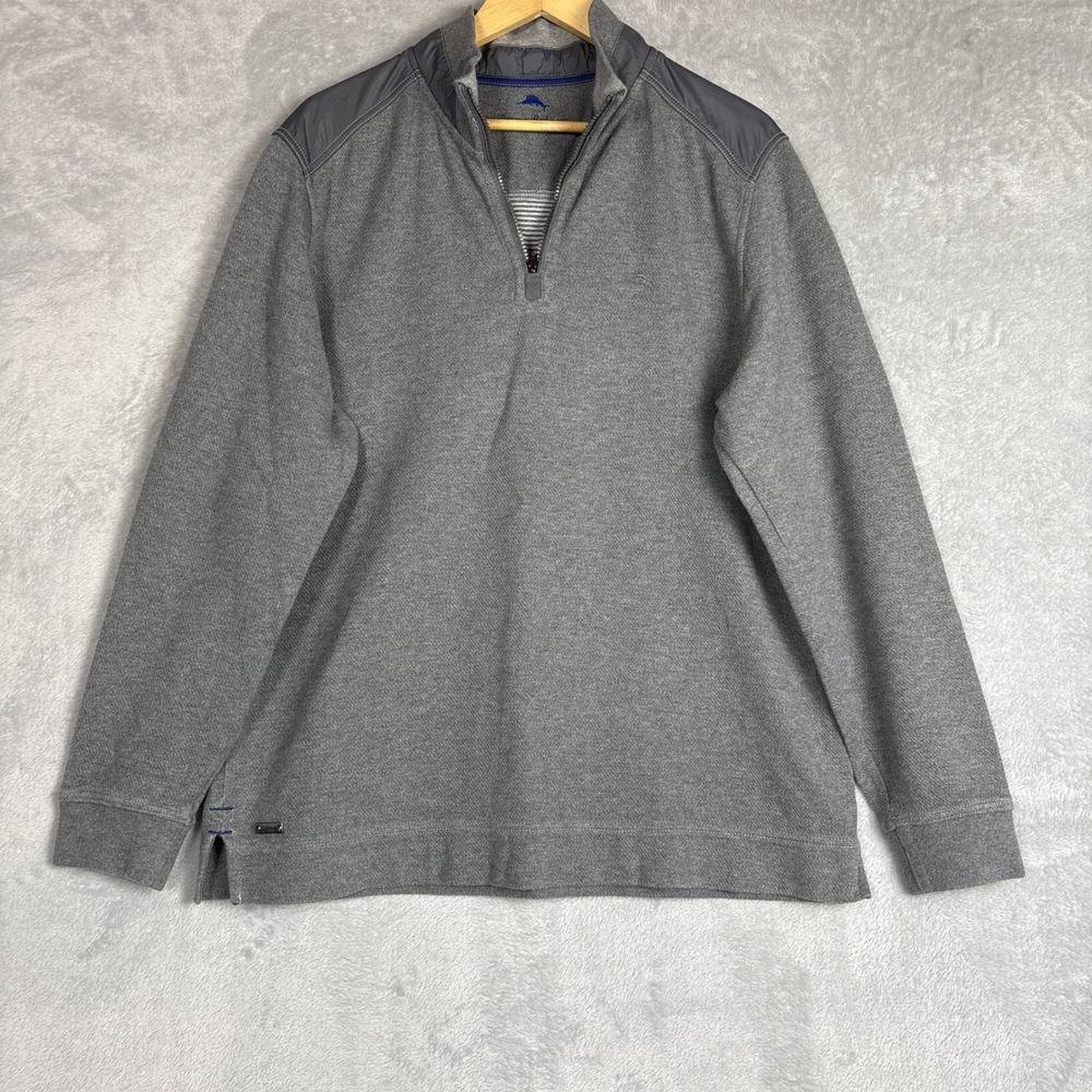 Tommy Bahama Men's Gray 1/4 Zip Pullover Sweatshirt Textured Cotton Casual XL‎